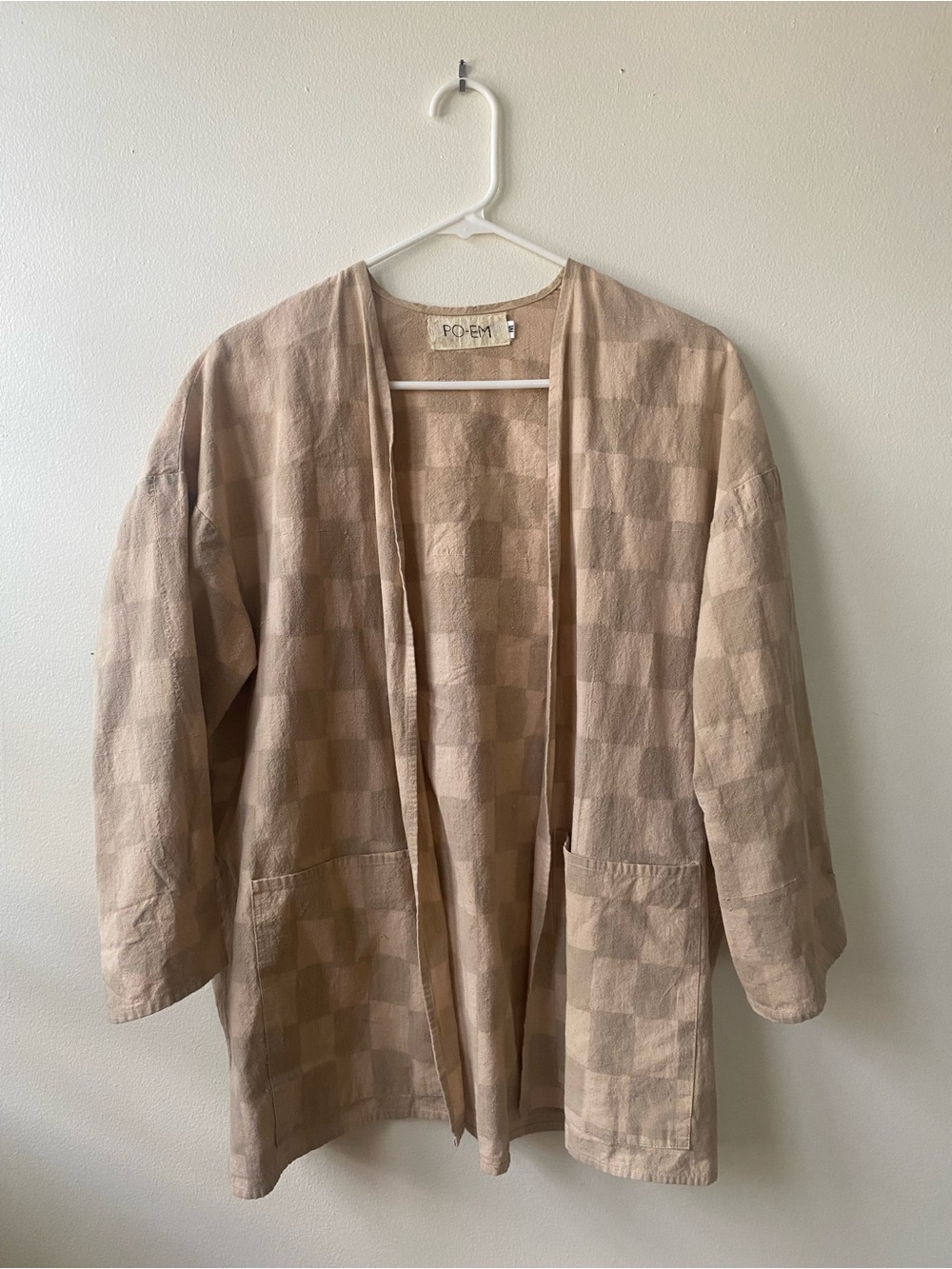 PO-EM Beige Check Open-Front Cotton Jacket